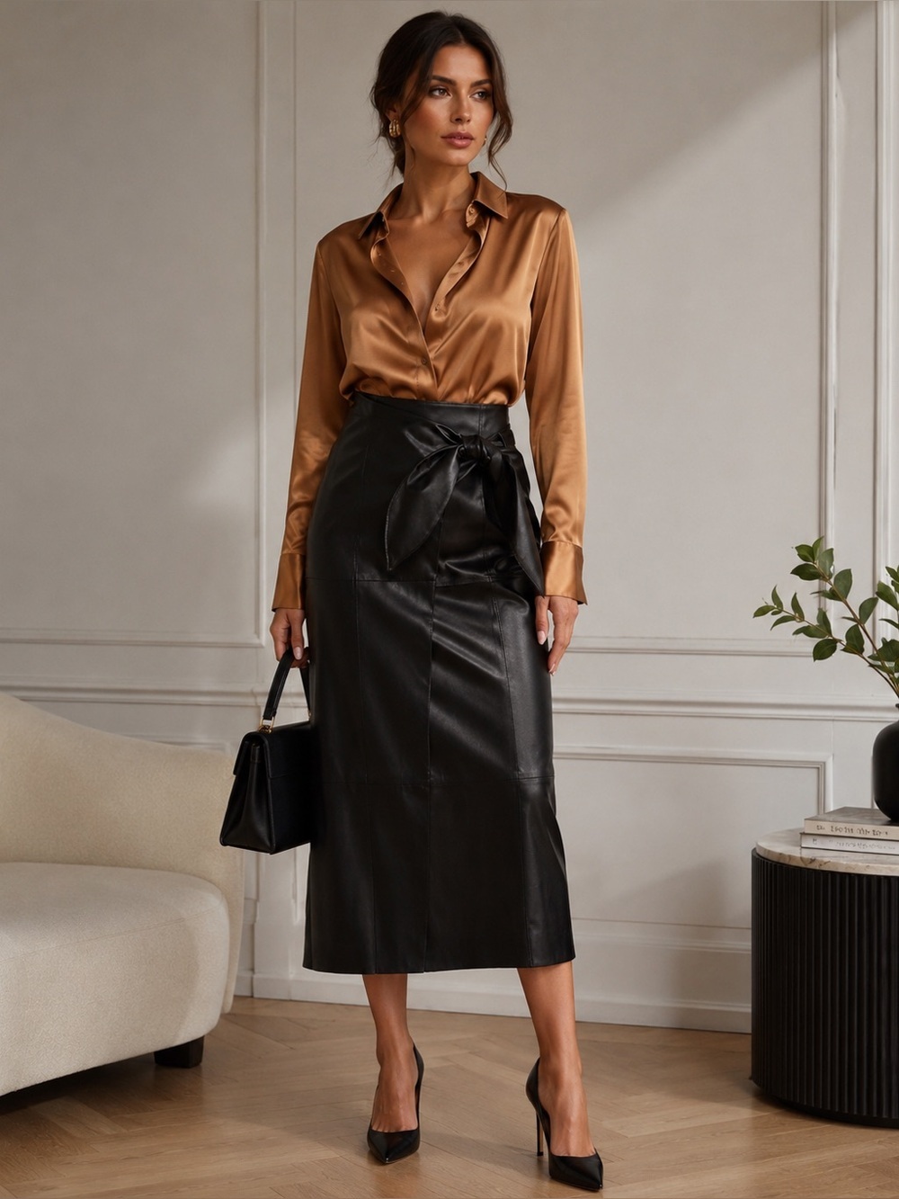 ANTONIO MELANI Black Leather Wrap Midi Skirt with Side Knot Size M